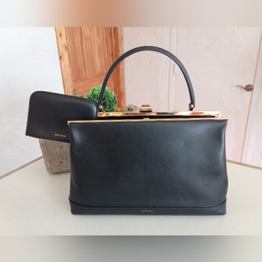 Anine Bing Elly Gold Frame Satchel Bag, Black Leather - Picture 12 of 16
